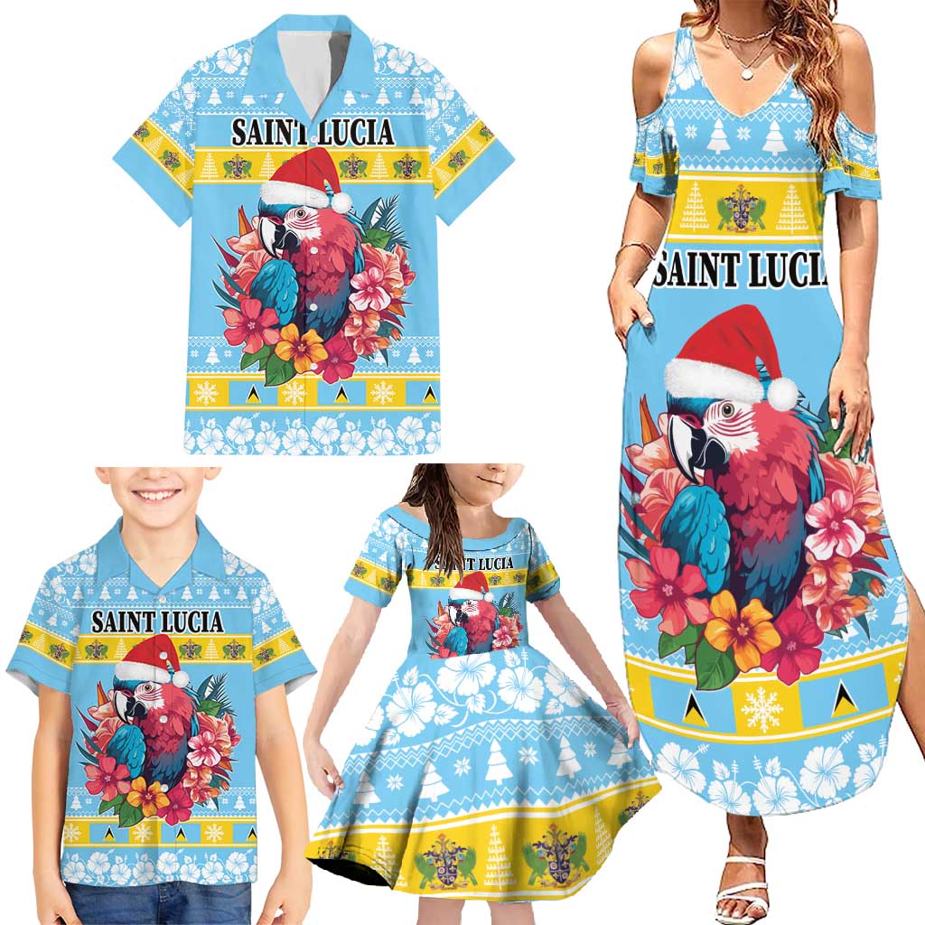 Saint Lucia Christmas Family Matching Summer Maxi Dress and Hawaiian Shirt Saint Lucian Parrot With Hibiscus Flowers - Wonder Print Shop