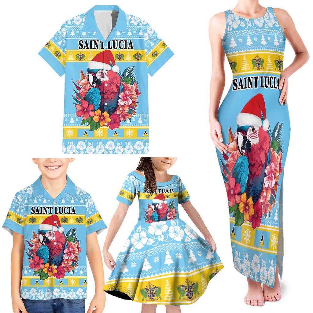 Saint Lucia Christmas Family Matching Tank Maxi Dress and Hawaiian Shirt Saint Lucian Parrot With Hibiscus Flowers - Wonder Print Shop