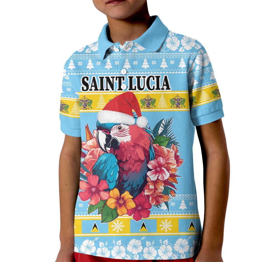 Saint Lucia Christmas Kid Polo Shirt Saint Lucian Parrot With Hibiscus Flowers - Wonder Print Shop