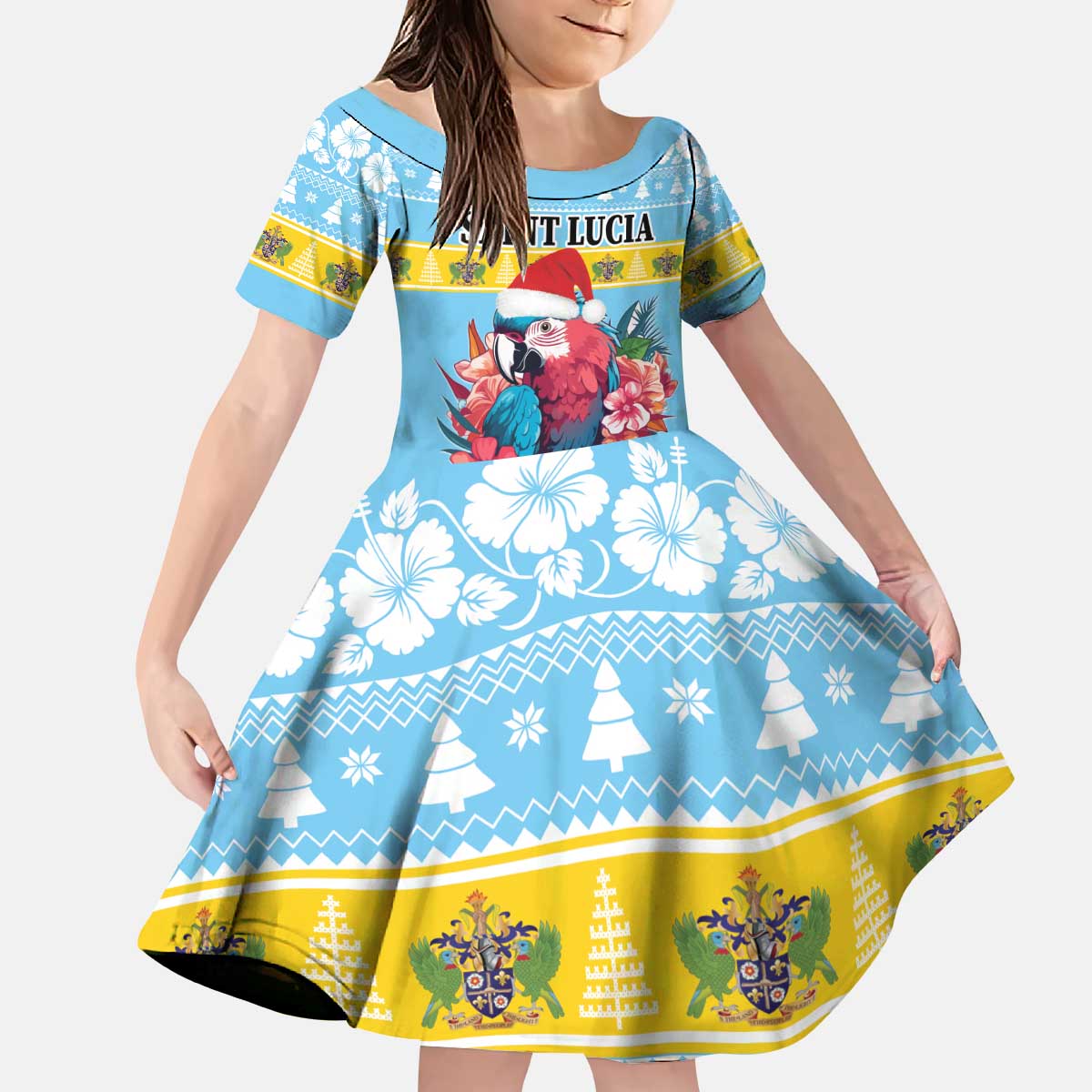 Saint Lucia Christmas Kid Short Sleeve Dress Saint Lucian Parrot With Hibiscus Flowers - Wonder Print Shop