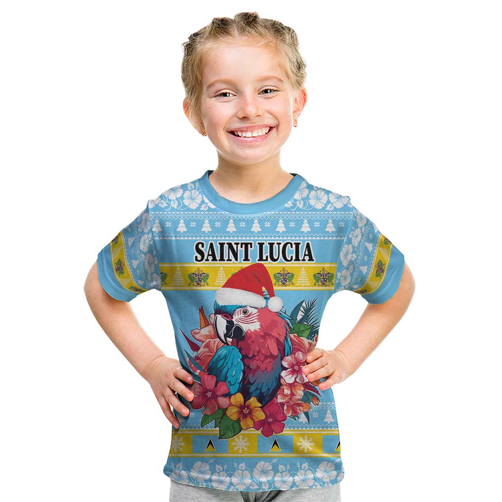 Saint Lucia Christmas Kid T Shirt Saint Lucian Parrot With Hibiscus Flowers - Wonder Print Shop