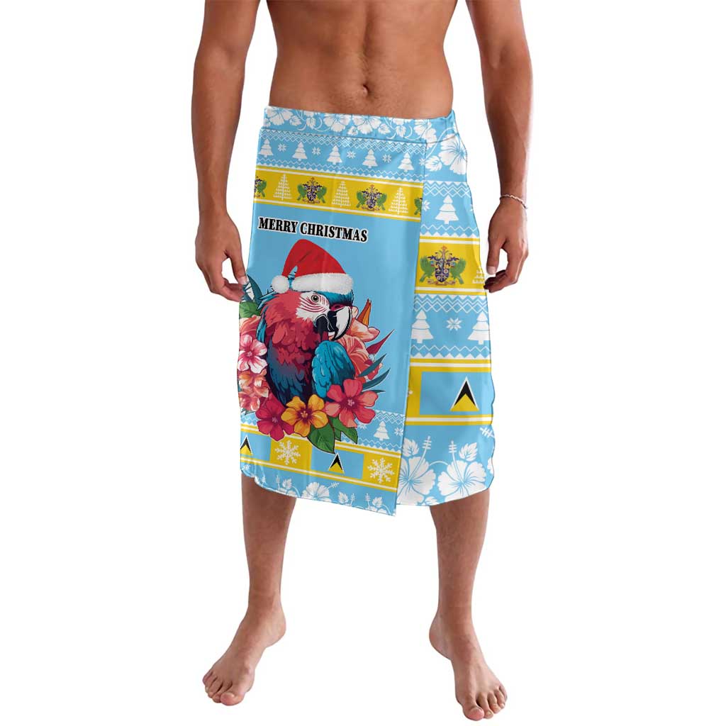 Blue Christmas lavalava with parrot and hibiscus flowers, 'Merry Christmas' print