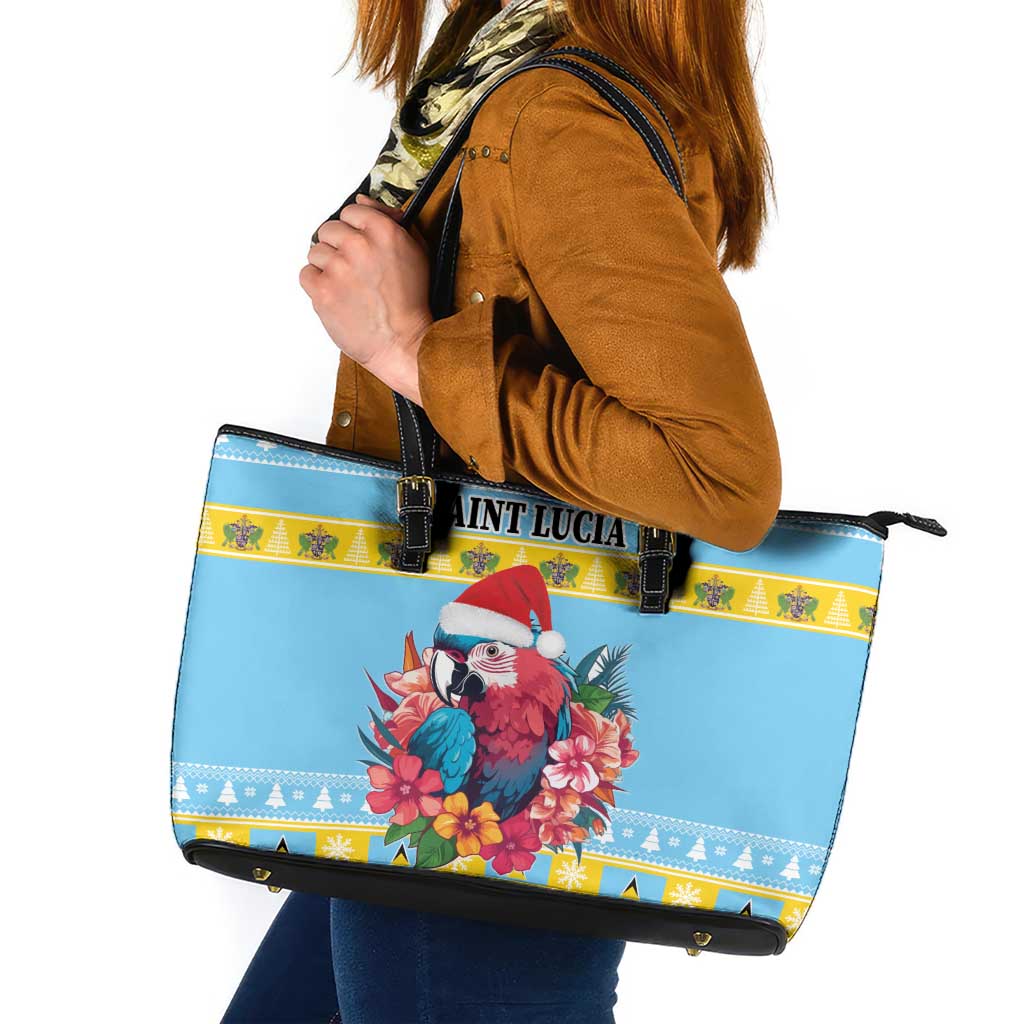 Saint Lucia Christmas Leather Tote Bag Saint Lucian Parrot With Hibiscus Flowers - Wonder Print Shop