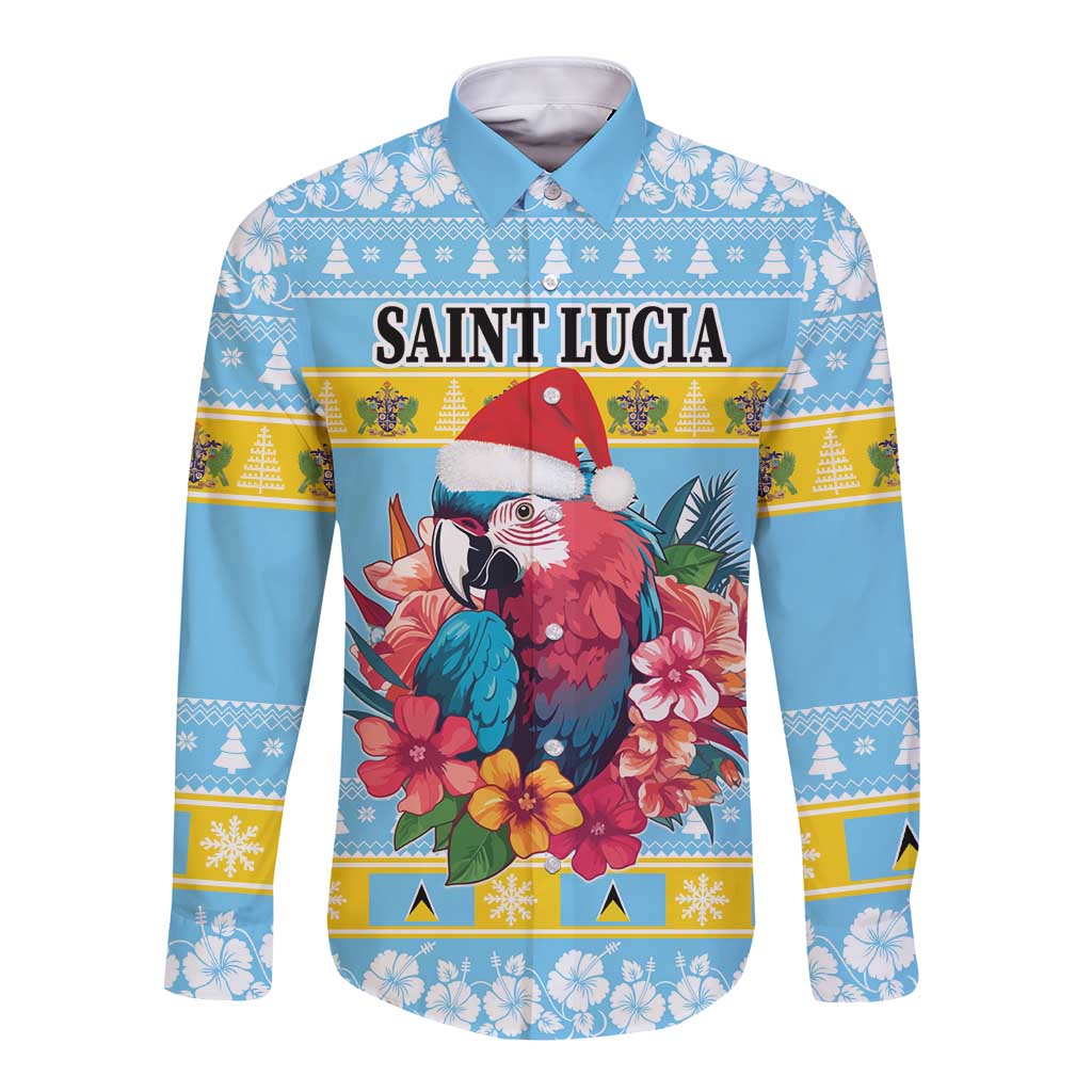 Blue long-sleeve button shirt with parrot in Santa hat and tropical flowers