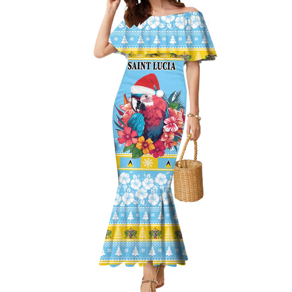 Saint Lucia Christmas Mermaid Dress Saint Lucian Parrot With Hibiscus Flowers - Wonder Print Shop