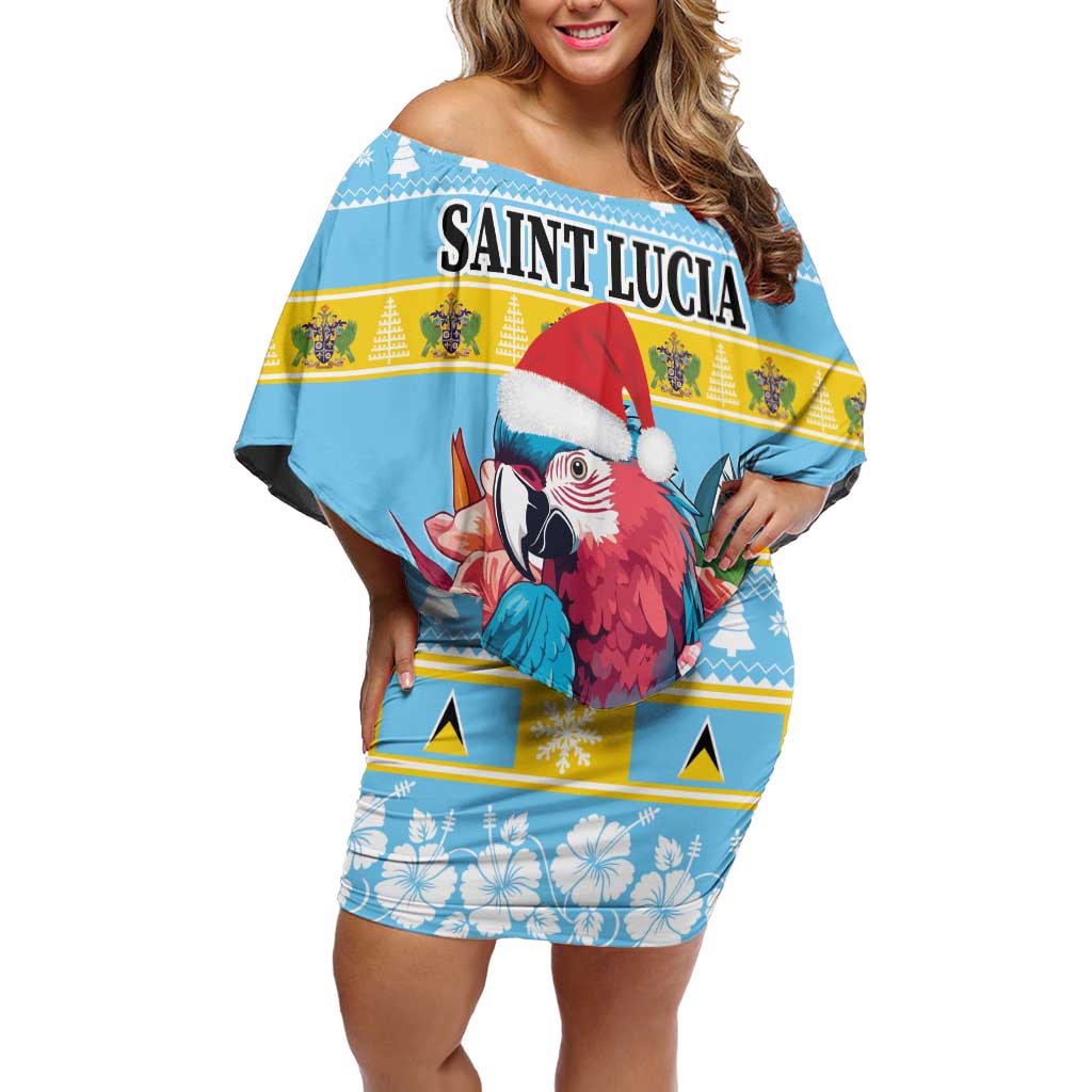 Saint Lucia Christmas Off Shoulder Short Dress Saint Lucian Parrot With Hibiscus Flowers - Wonder Print Shop