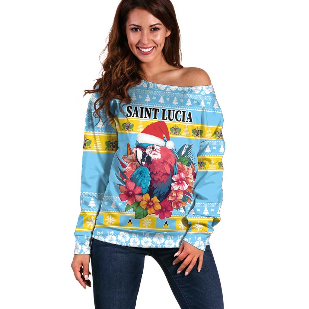 Saint Lucia Christmas Off Shoulder Sweater Saint Lucian Parrot With Hibiscus Flowers - Wonder Print Shop