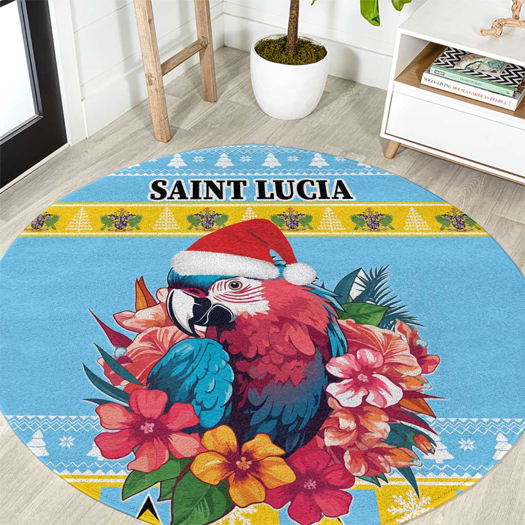 Blue round Christmas area rug with Saint Lucia banner, parrot and hibiscus flowers