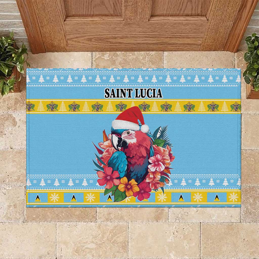 Saint Lucia Christmas Rubber Doormat Saint Lucian Parrot With Hibiscus Flowers - Wonder Print Shop