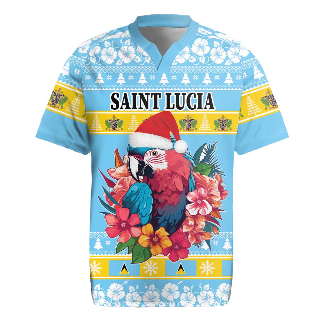 Saint Lucia Christmas Rugby Jersey Saint Lucian Parrot With Hibiscus Flowers - Wonder Print Shop