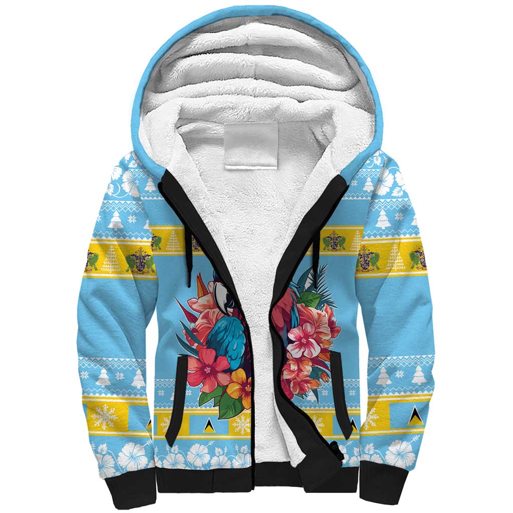 Saint Lucia Christmas Sherpa Hoodie Saint Lucian Parrot With Hibiscus Flowers - Wonder Print Shop