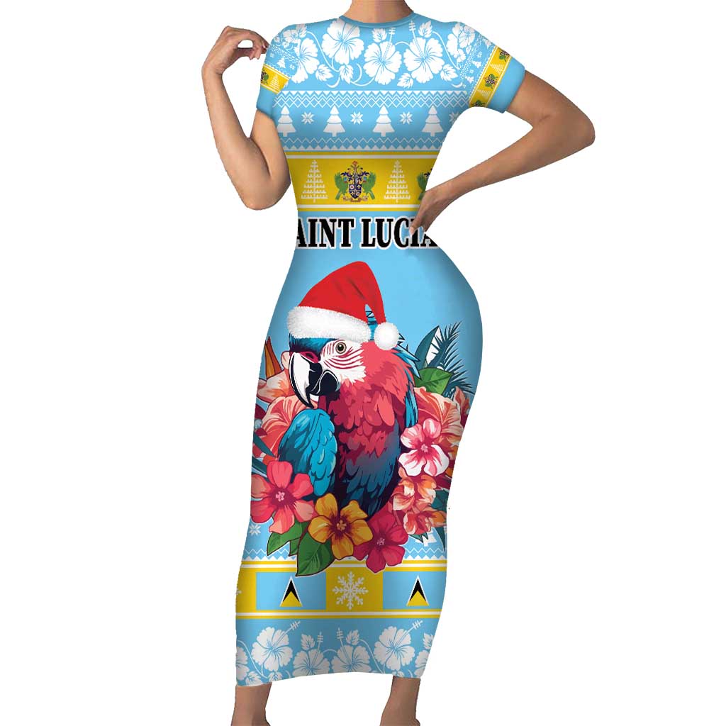 Saint Lucia Christmas Short Sleeve Bodycon Dress Saint Lucian Parrot With Hibiscus Flowers - Wonder Print Shop