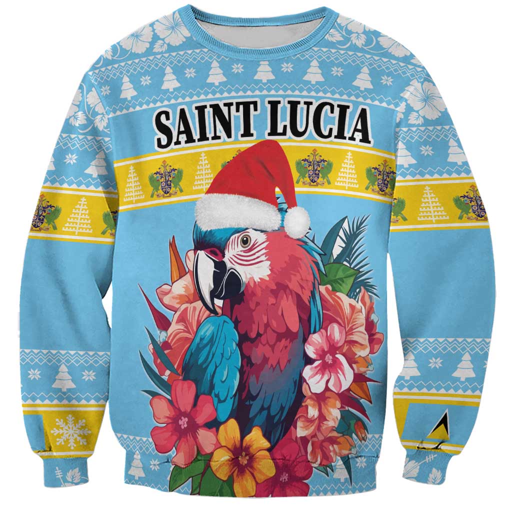 Light blue unisex sweatshirt with Saint Lucia parrot, hibiscus flowers, and striped pattern