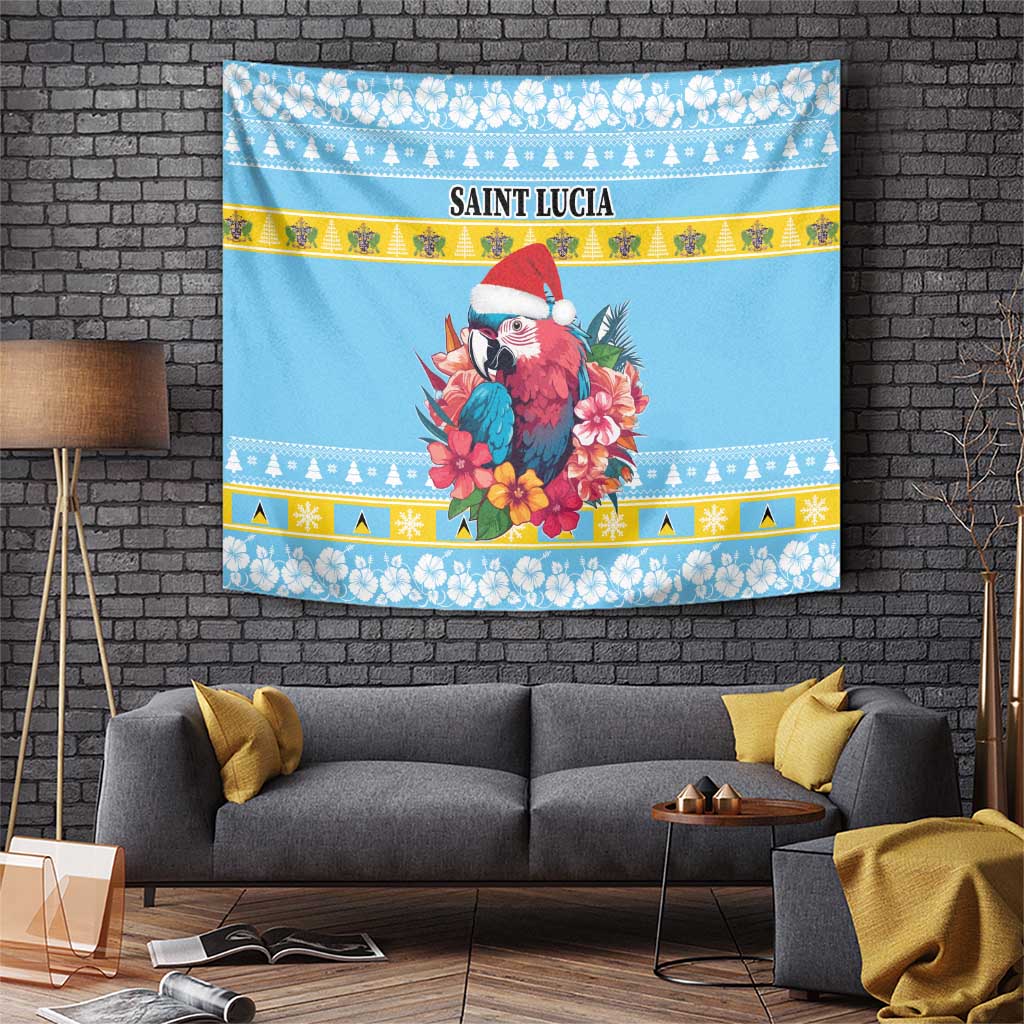 Blue wall tapestry: Saint Lucia text, Santa-hat red parrot with hibiscus flowers