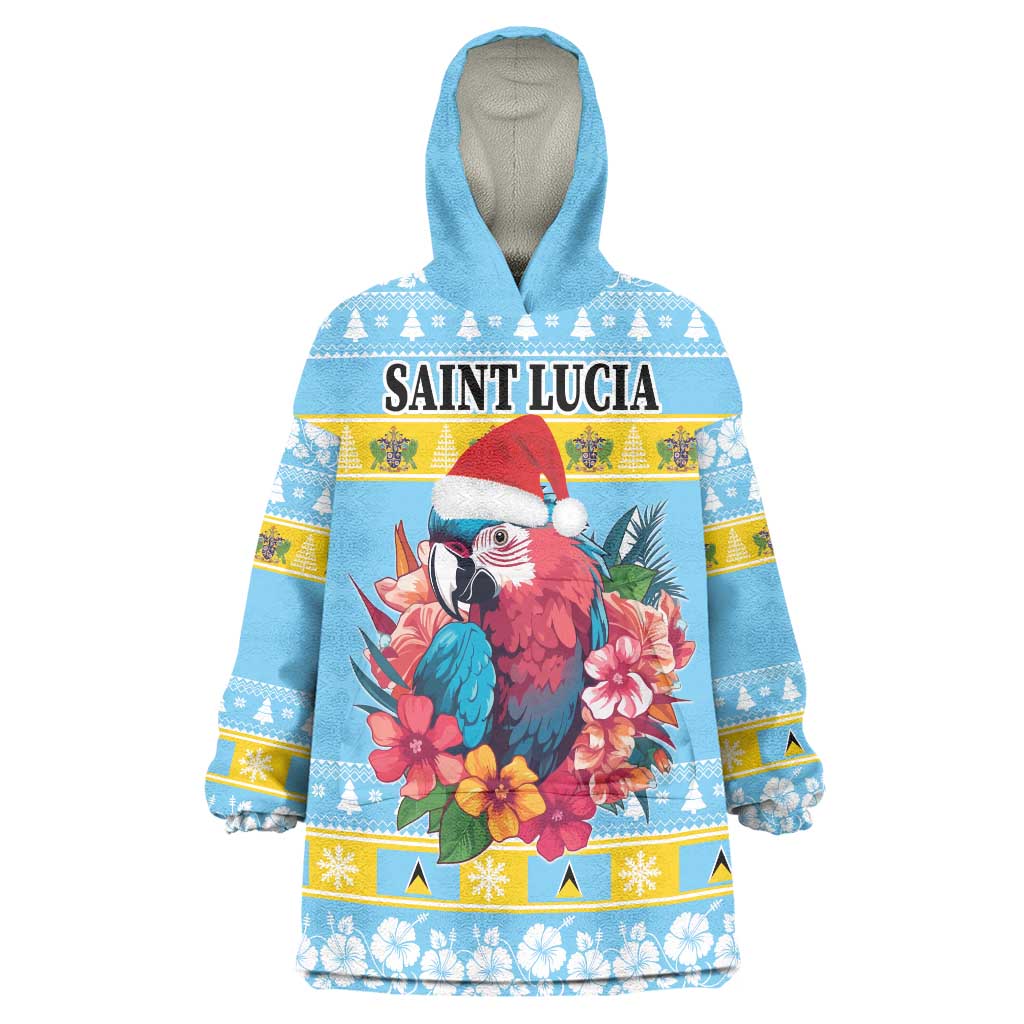 Saint Lucia Christmas Wearable Blanket Hoodie Saint Lucian Parrot With Hibiscus Flowers