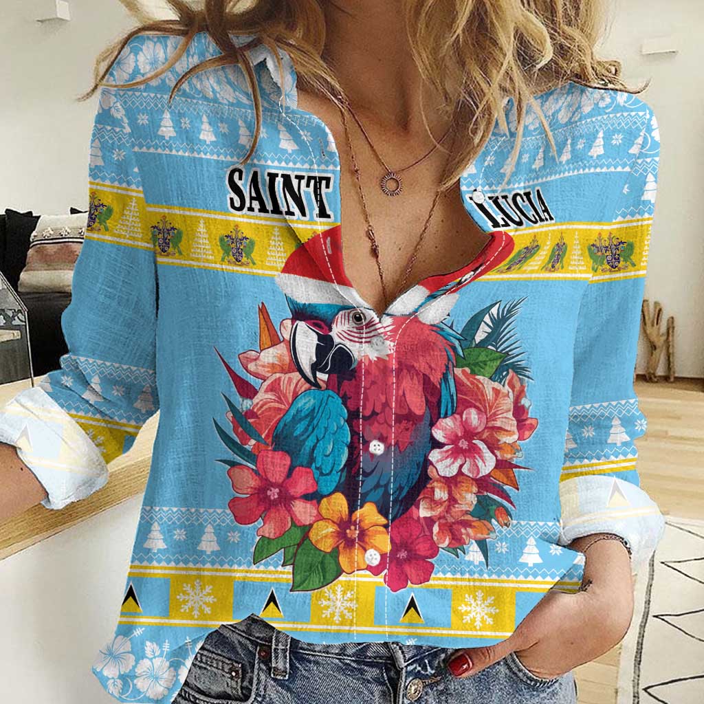 Saint Lucia Christmas Women Casual Shirt Saint Lucian Parrot With Hibiscus Flowers