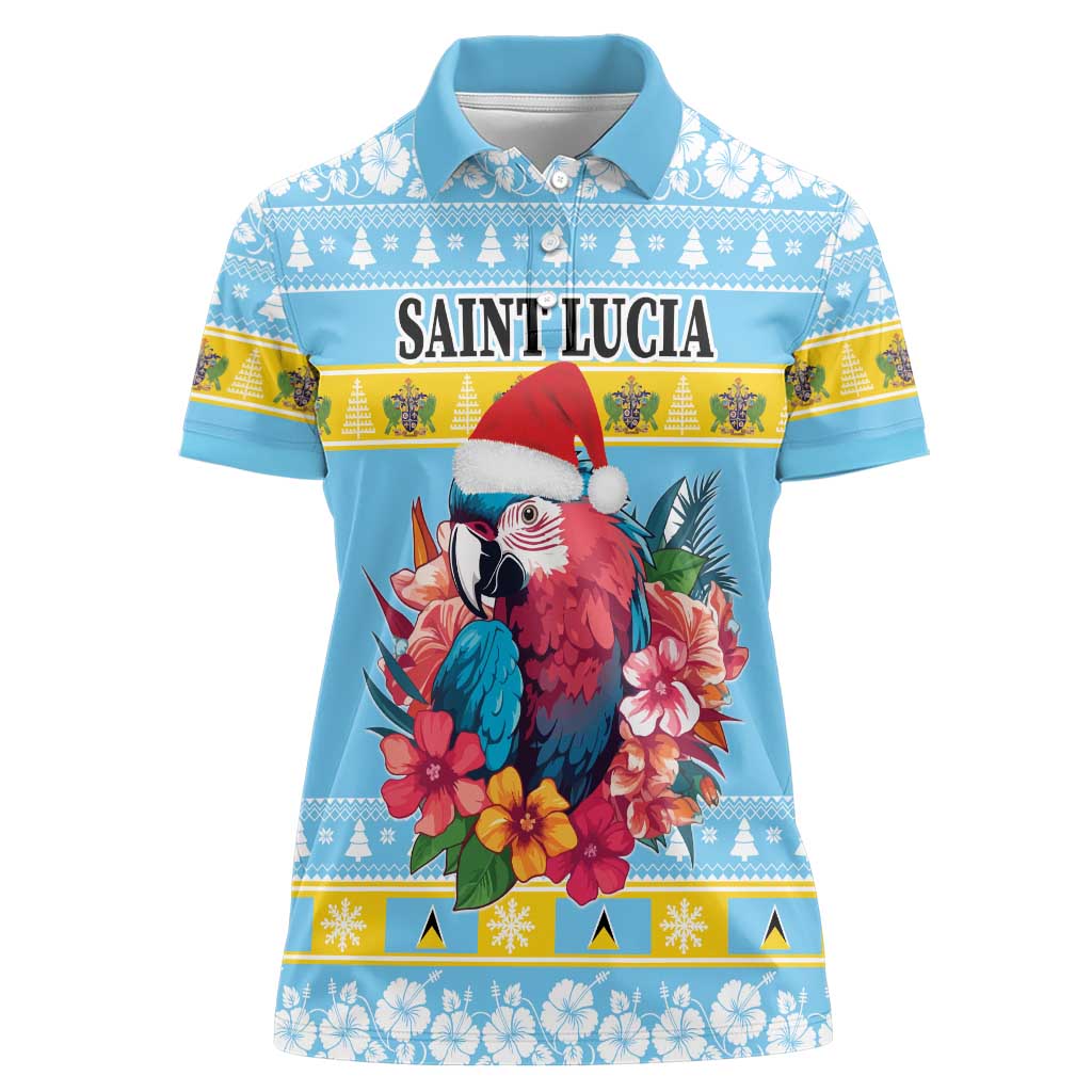 Saint Lucia Christmas Women Polo Shirt Saint Lucian Parrot With Hibiscus Flowers - Wonder Print Shop