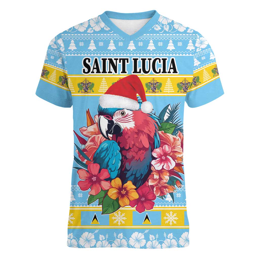 Saint Lucia Christmas Women V-Neck T-Shirt Saint Lucian Parrot With Hibiscus Flowers - Wonder Print Shop