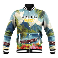 Light blue tropical baseball jacket with hibiscus and palm tree print, snap front, ribbed cuffs