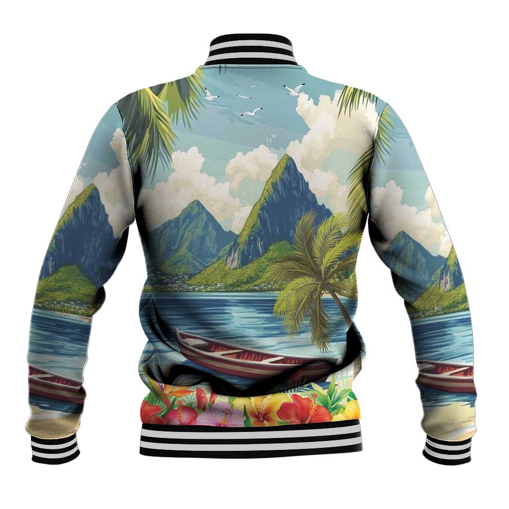 Light blue tropical baseball jacket, mountain and ocean print with palm trees, ribbed hem