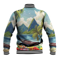 Light blue tropical baseball jacket, mountain and ocean print with palm trees, ribbed hem