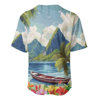 Light blue baseball jersey with sea, mountains, palm tree, and boat graphic