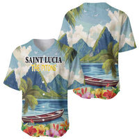 Two light blue baseball jerseys: front text graphic, back landscape and boat