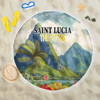 Round beach blanket with tropical Pitons and hibiscus floral print, white fringe