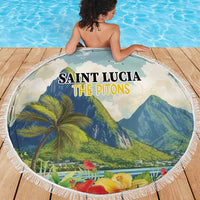 Round beach blanket with tropical Pitons scene and hibiscus flowers, white edge fringe