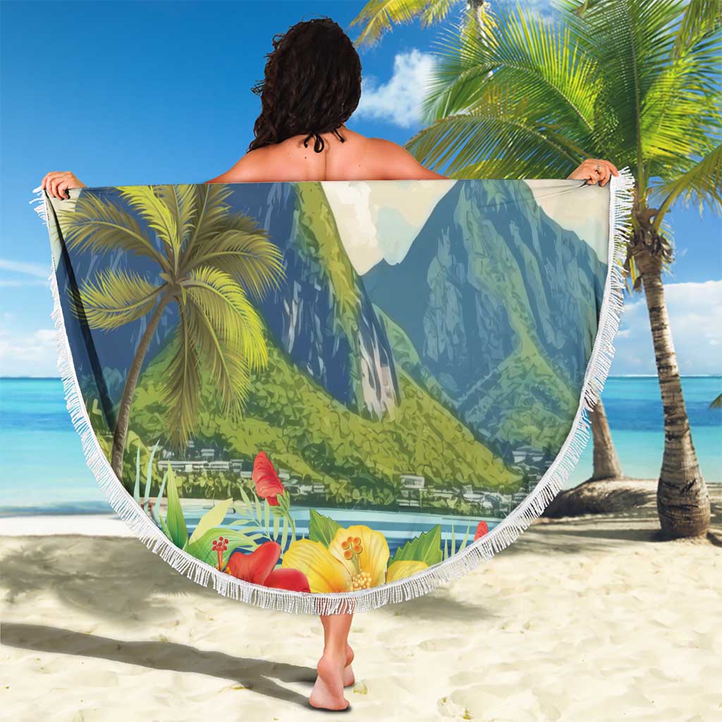 Round beach blanket with Pitons mountains, palms and hibiscus blooms, white fringe border