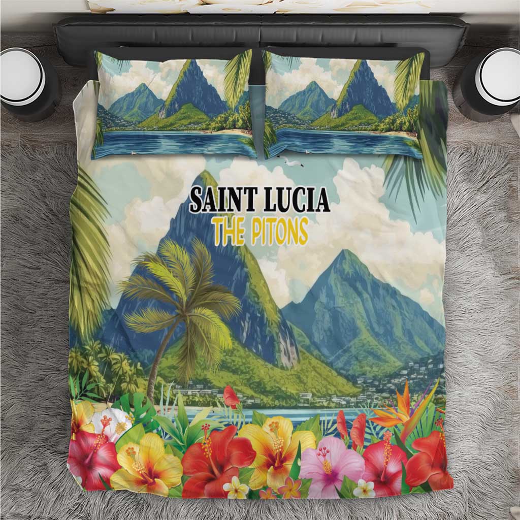 Tropical hibiscus bedding set with blue mountain landscape, palm trees, and matching pillowcases