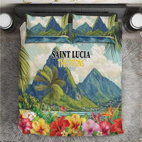 Tropical hibiscus bedding set with blue mountain landscape, palm trees, and matching pillowcases