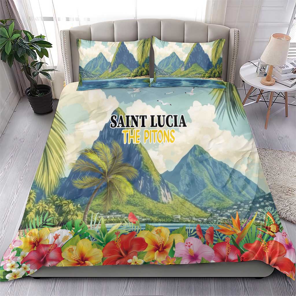 Tropical duvet bedding set with blue piton mountains, palm leaves, and hibiscus flower border