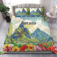 Tropical duvet bedding set with blue piton mountains, palm leaves, and hibiscus flower border
