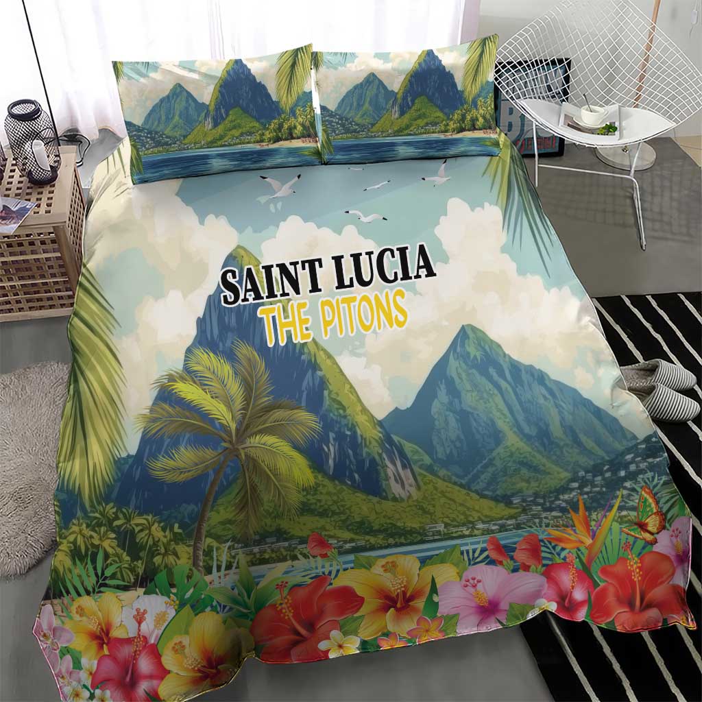 Tropical bedding set featuring blue mountain peaks, palm trees, birds, and hibiscus blooms