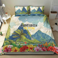 Tropical hibiscus bedding set with blue mountain view, palm fronds, and floral bottom border