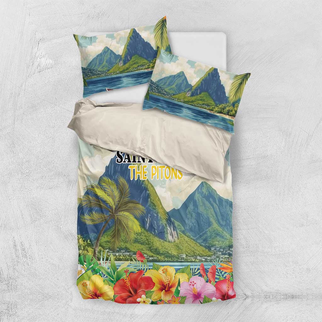 Tropical hibiscus bedding set with blue mountain landscape, palm leaves, and two matching pillowcases