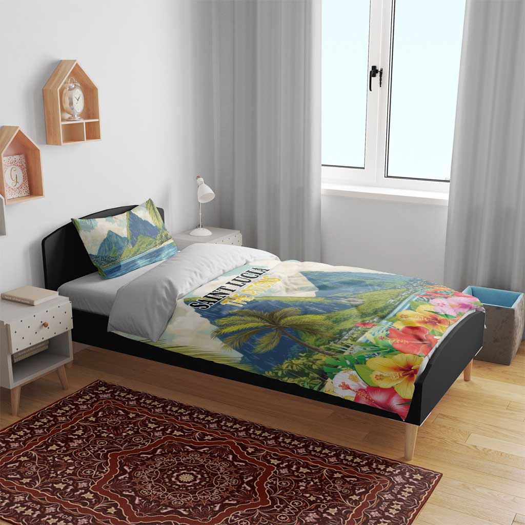 Tropical hibiscus duvet with blue mountain peaks, palm trees, and colorful flower hem on bed
