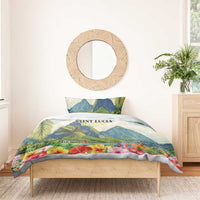 Tropical hibiscus bedding set with blue mountain peaks, palm leaves, and floral trim