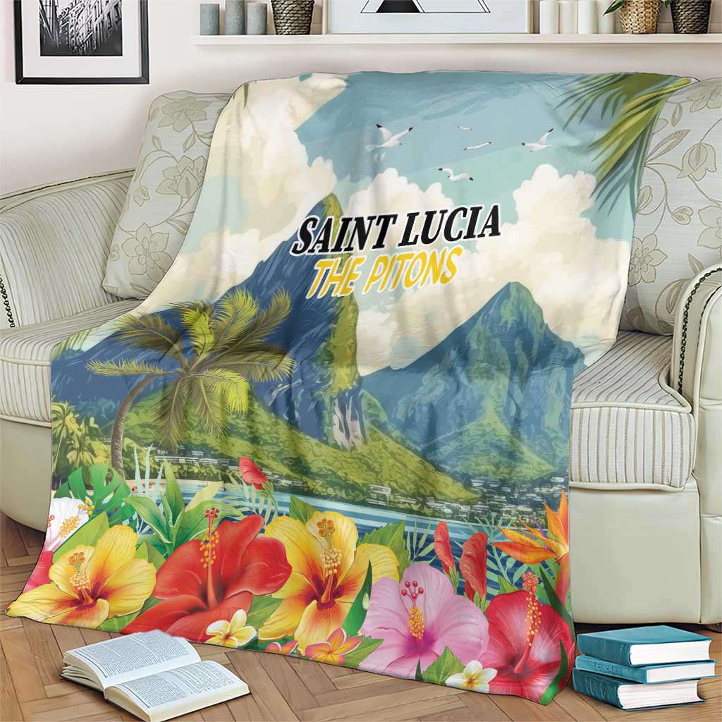 Blue tropical blanket featuring Saint Lucia The Pitons print, hibiscus flowers and palm trees