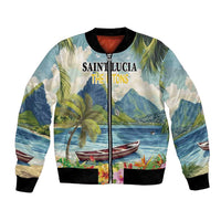 Blue tropical-print bomber jacket with zip front, black ribbed cuffs and hem
