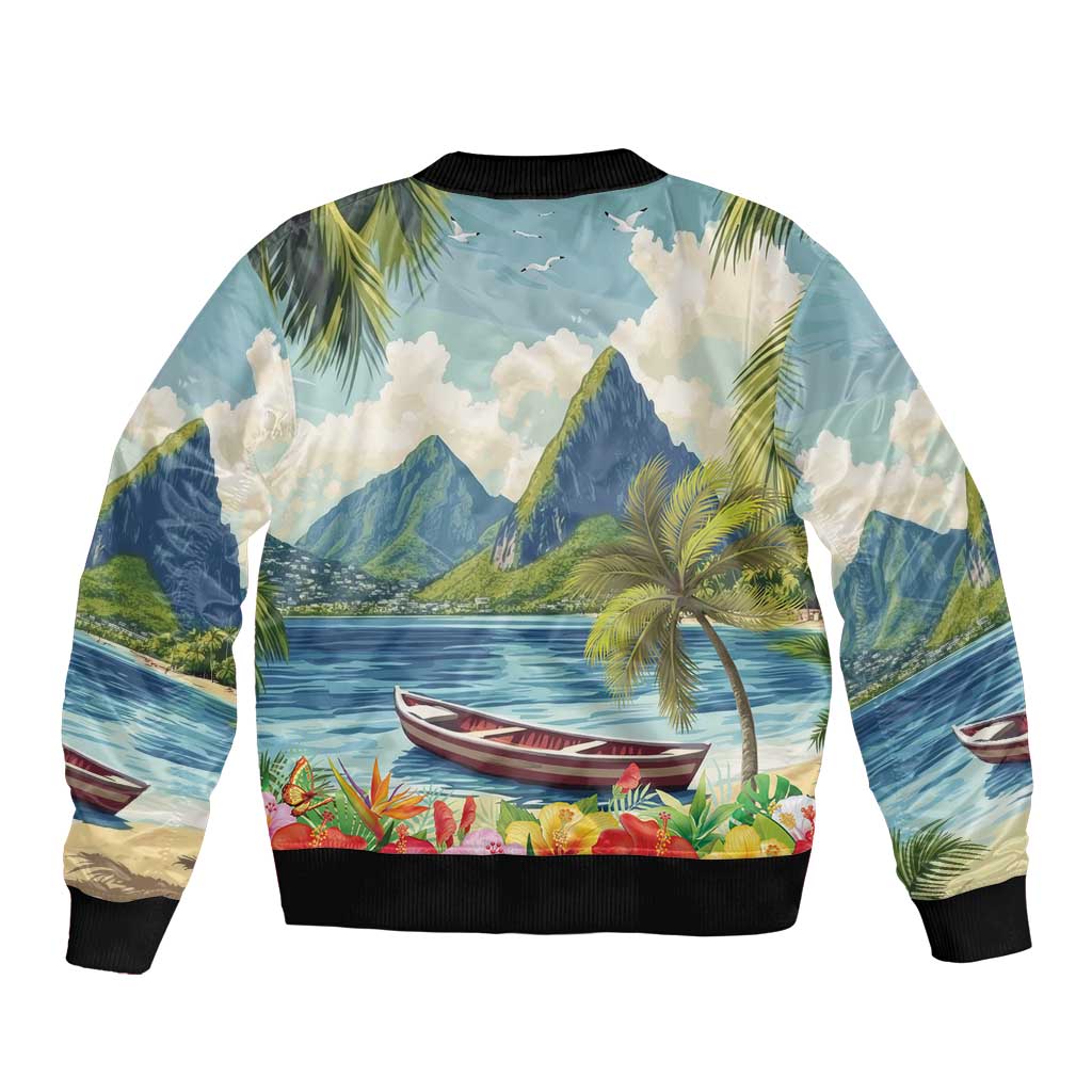Blue tropical-print bomber jacket, black ribbed cuffs and hem, mountain and palm