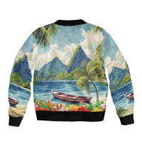 Blue tropical-print bomber jacket, black ribbed cuffs and hem, mountain and palm