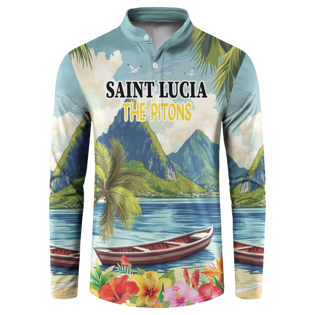 Men's button henley sweatshirt with tropical landscape print, blue-green base