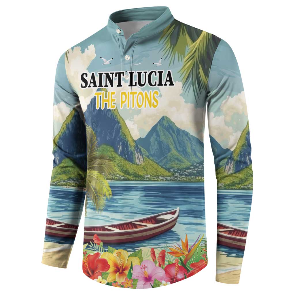 Men's button henley sweatshirt with tropical mountains, sea, and canoe print