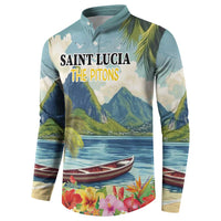 Men's button henley sweatshirt with tropical mountains, sea, and canoe print