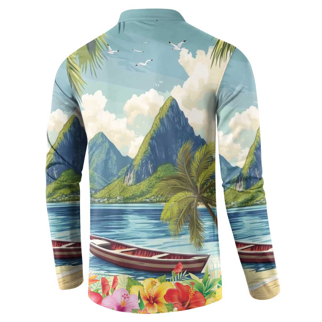 Back view of men's button henley sweatshirt with tropical mountains, sea, and canoe