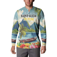 Men's button henley sweatshirt with tropical mountains, sea, canoe, and floral hem