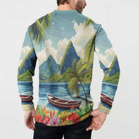 Men's button henley sweatshirt back with tropical mountains, palm trees, and flowers