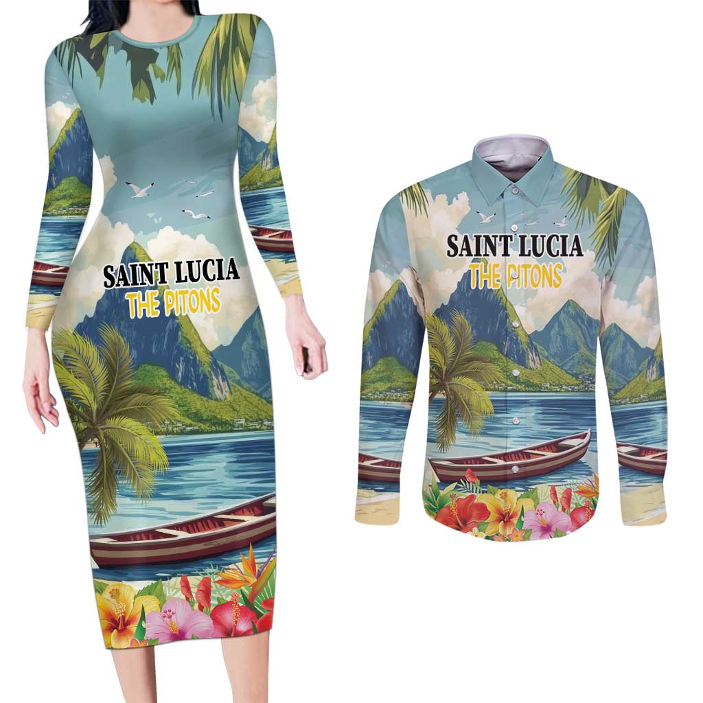 Pitons Saint Lucia Couples Matching Long Sleeve Bodycon Dress and Long Sleeve Button Shirt Hibiscus Flowers - Wonder Print Shop